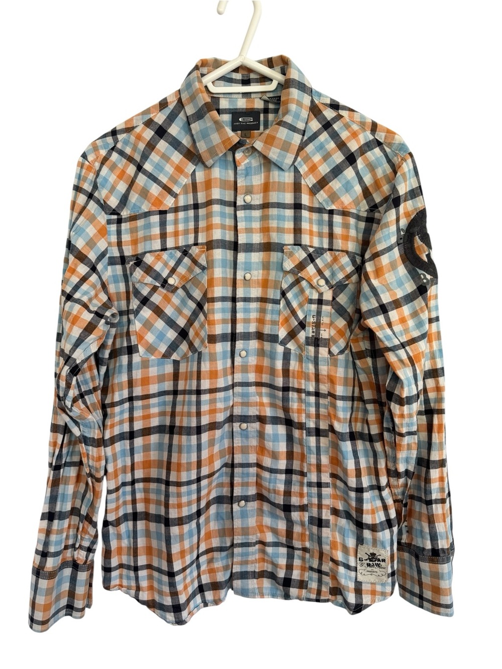 Vintage G-Star Men's Plaid Button-Down Shirt in Orange, Blue & White